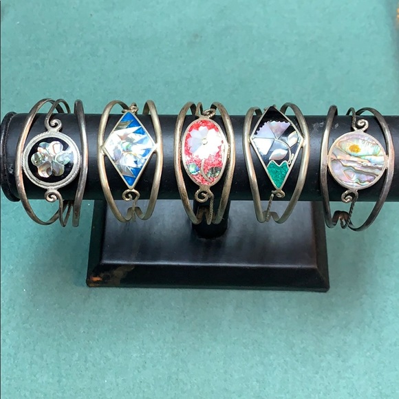 alpaca Jewelry - 5 pc lot of Vintage alpaca abalone cuff bracelets